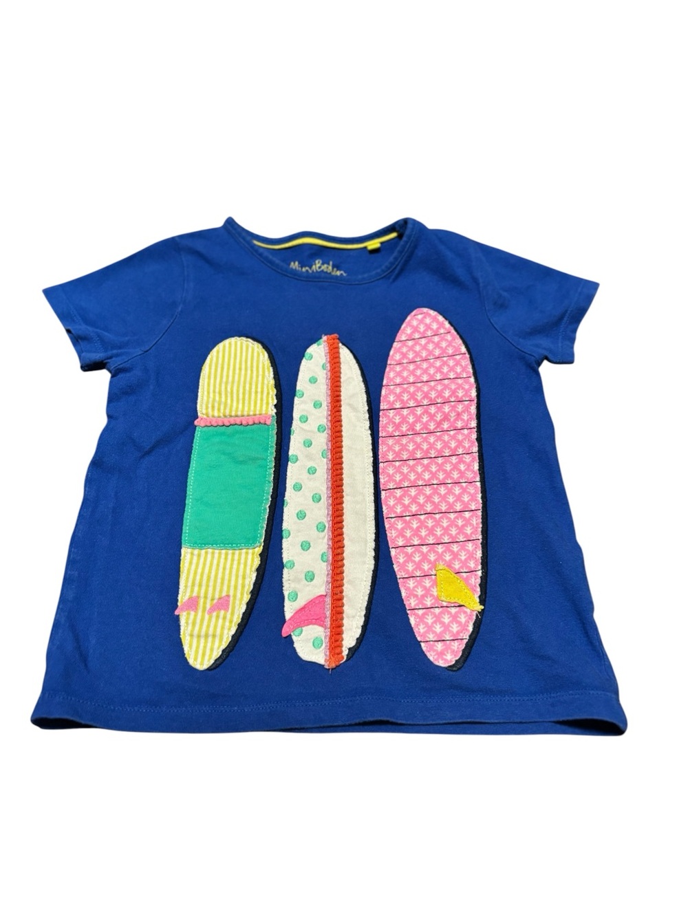 Mini Boden, Size 6-7Y Royal Blue Tee with Colorful Surfboard Appliqués